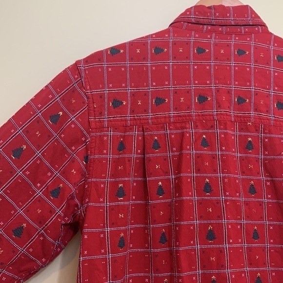Dress Barn | Red Green Gold Xmas Tree Plaid Metallic Thread Button Down Shirt M - Picture 12 of 17